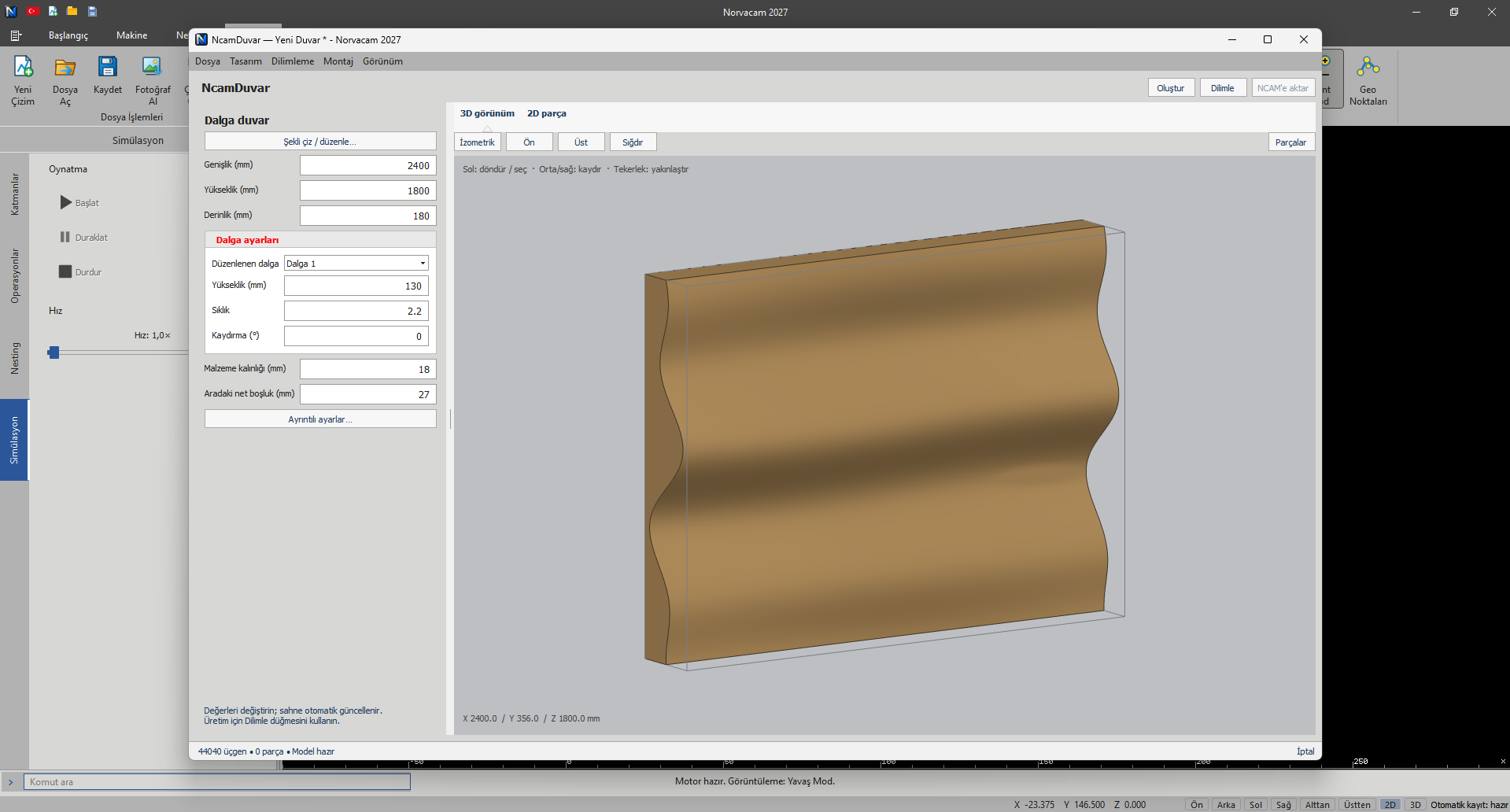 NorvaCAM parametrik dalga duvarın boyut ve form ayarları